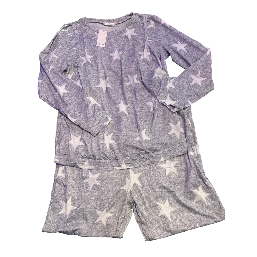 NWT Ekouaer Gray Star Maternity Nursing Pajama Set Long Sleeve Top Pants Size L
